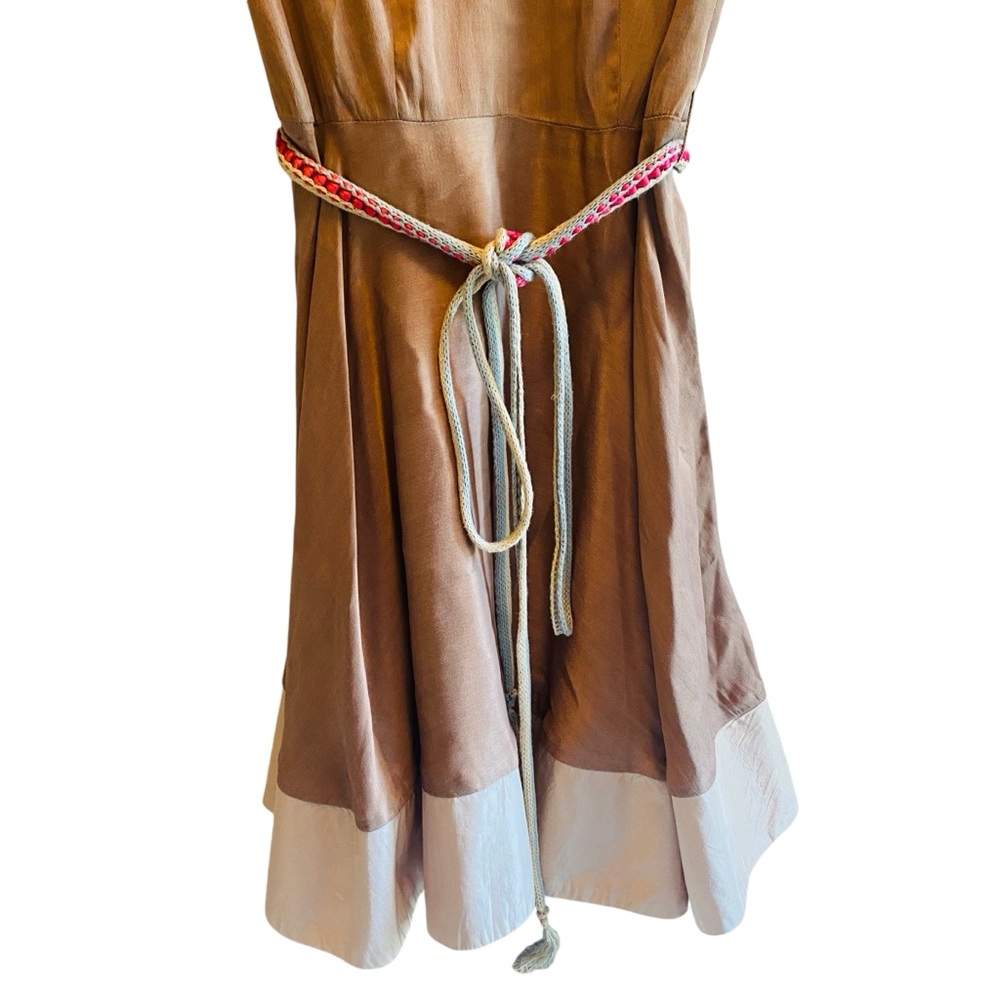 Anthropologie Conditions Tan Silk Blend Fit And Flare Embroidered Neckline Dress - Picture 5 of 12
